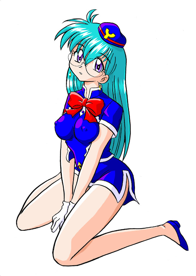 tenjouin katsura, yat anshin uchuu ryokou, tagme, 1990s (style), 1girl, blue hair, breasts, covered erect nipples, dress, female focus, flight attendant, full body, glasses, legs, miniskirt, purple eyes, retro artstyle, short dress, simple background, skirt, solo, thighs, travel attendant, white background