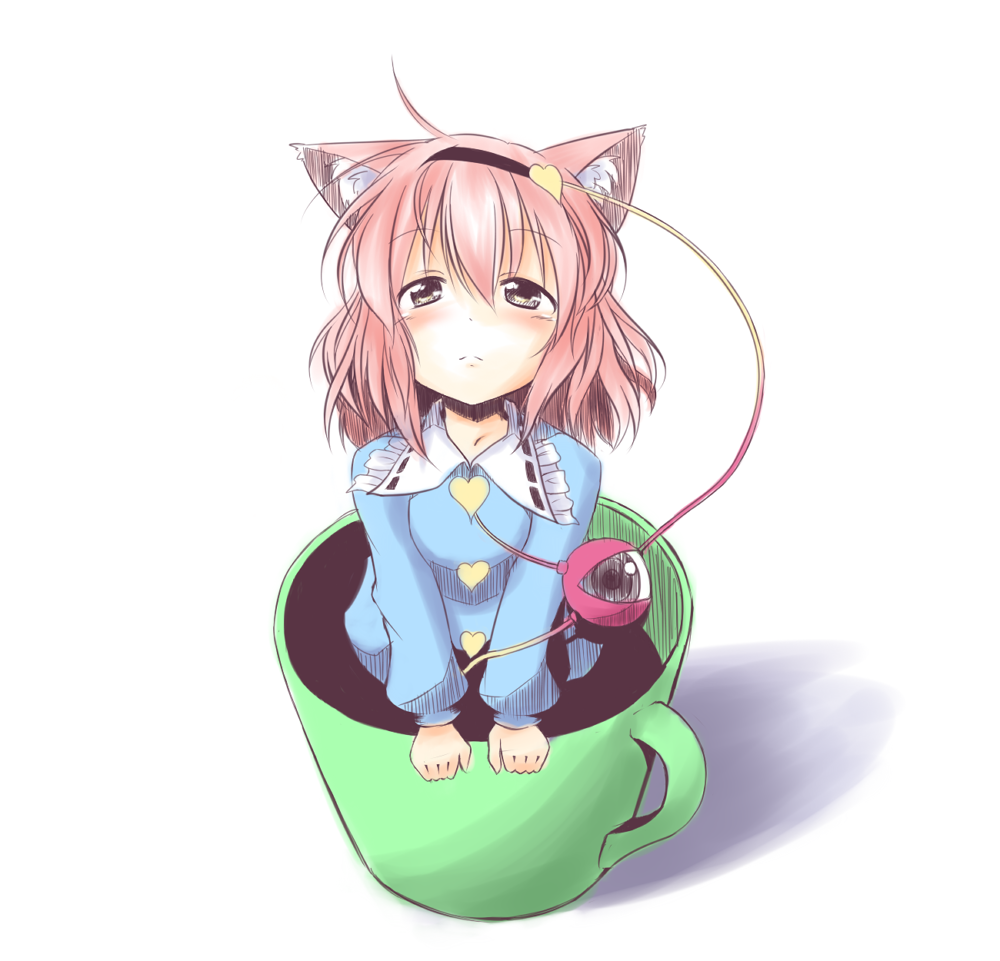 tobi (artist), tobi (nekomata homara), komeiji satori, touhou, bad id, bad pixiv id, 1girl, animal ears, cat ears, cat girl, cup, female focus, hairband, heart, in container, in cup, kemonomimi mode, looking at viewer, mini person, minigirl, mug, pink hair, purple eyes, short hair, simple background, solo, white background