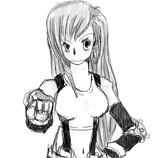 tifa lockhart, final fantasy, final fantasy vii, 1990s (style), 1girl, bad anatomy, black hair, female focus, greyscale, monochrome, poorly drawn, retro artstyle, sketch, solo, suspenders