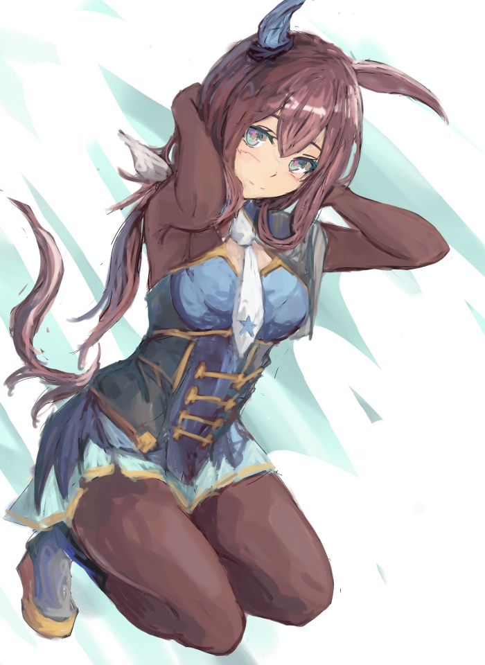 yanagi wakana, admire vega (starry nocturne) (umamusume), admire vega (umamusume), umamusume, 1girl, animal ears, blue dress, blue eyes, bodice, breasts, brown hair, brown pantyhose, closed mouth, dress, ear covers, hair between eyes, horse ears, horse girl, horse tail, long hair, long sleeves, looking at viewer, necktie, pantyhose, ponytail, shoes, single ear cover, smile, solo, squatting, tail, white necktie