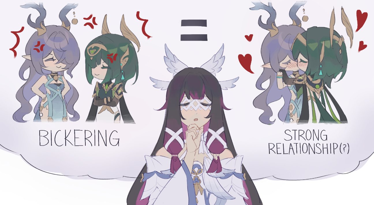 columbina (genshin impact), lauma (genshin impact), nefer (genshin impact), genshin impact, commentary, english commentary, 3girls, anger vein, antlers, black hair, blue dress, closed eyes, closed mouth, dress, english text, equal sign, green hair, hand on own chin, hands on own hips, heart, horns, kayveris, kiss, multiple girls, off-shoulder dress, off shoulder, open mouth, pointy ears, purple hair, purple streaks, smile, white dress, yuri