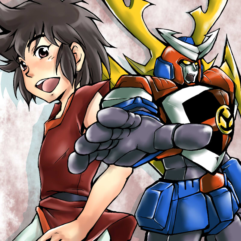 namako nowata, daiooja, prince mito, saikyo robo daiohja, saikyou robo daiooja, 1boy, brown hair, daiohja, male focus, mecha, open mouth, robot, solo