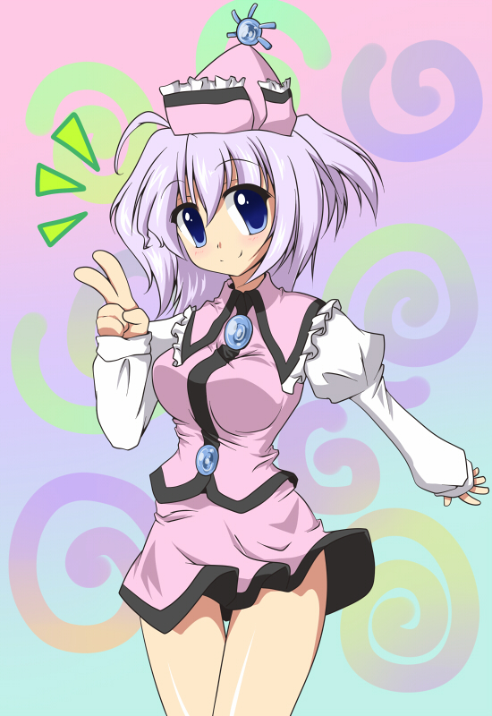 ascii winter village, fuyumura asuki, touson asuki, merlin prismriver, touhou, light purple hair, 1girl, blue eyes, breasts, female focus, hat, large breasts, short hair, skirt, smile, solo, thighs, v