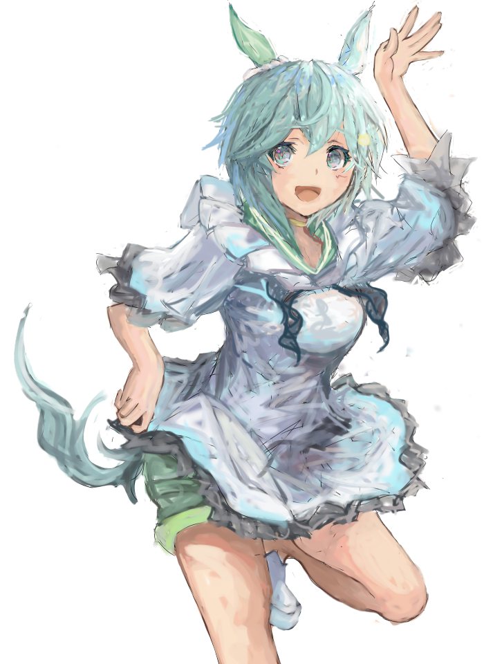 yanagi wakana, seiun sky (reeling in the big one) (umamusume), seiun sky (umamusume), umamusume, 1girl, animal ears, blue eyes, blush, choker, dress, ear covers, flower, green sailor collar, green shorts, grey hair, hair between eyes, hair flower, hair ornament, hairclip, horse ears, horse girl, horse tail, looking at viewer, open mouth, sailor collar, shoes, short hair, shorts, simple background, single ear cover, smile, solo, sunflower, sunflower hair ornament, tail, white background, white dress, yellow choker