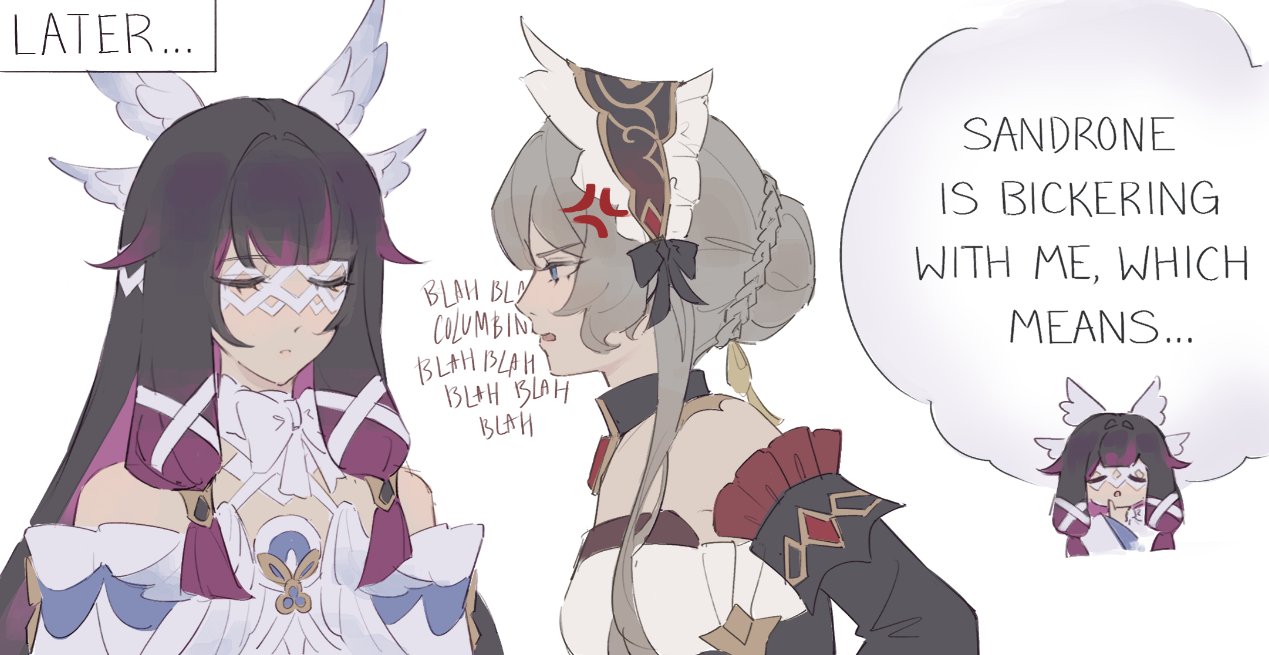 columbina (genshin impact), sandrone (genshin impact), genshin impact, commentary, english commentary, 2girls, anger vein, bare shoulders, black hair, blue eyes, bonnet, braid, braided bun, closed eyes, dress, english text, grey hair, hair bun, kayveris, multiple girls, off-shoulder dress, off shoulder, open mouth, parted lips, purple streaks, simple background, speech bubble, white background, white dress