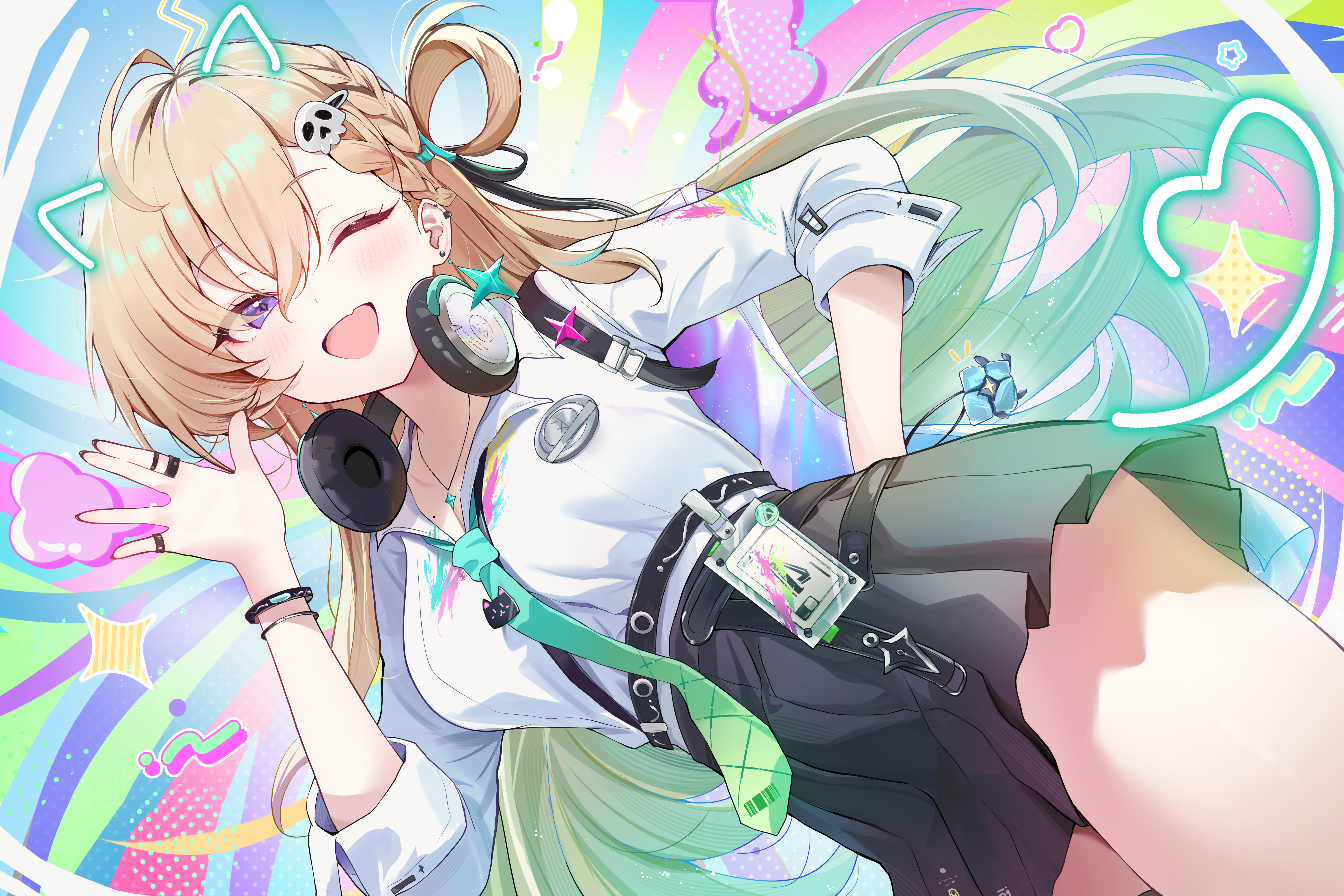 lynae (wuthering waves), wuthering waves, absurdres, commentary, highres, 1girl, aqua necktie, black skirt, blonde hair, braid, braided bangs, breasts, earrings, gradient hair, green hair, hair between eyes, hair ornament, hand up, headphones, headphones around neck, id card, jewelry, looking at viewer, medium breasts, multicolored hair, necktie, one eye closed, open mouth, purple eyes, shirt, shirt tucked in, skirt, skull hair ornament, smile, solo, star (symbol), star earrings, white shirt, yukinya (yukinya777)