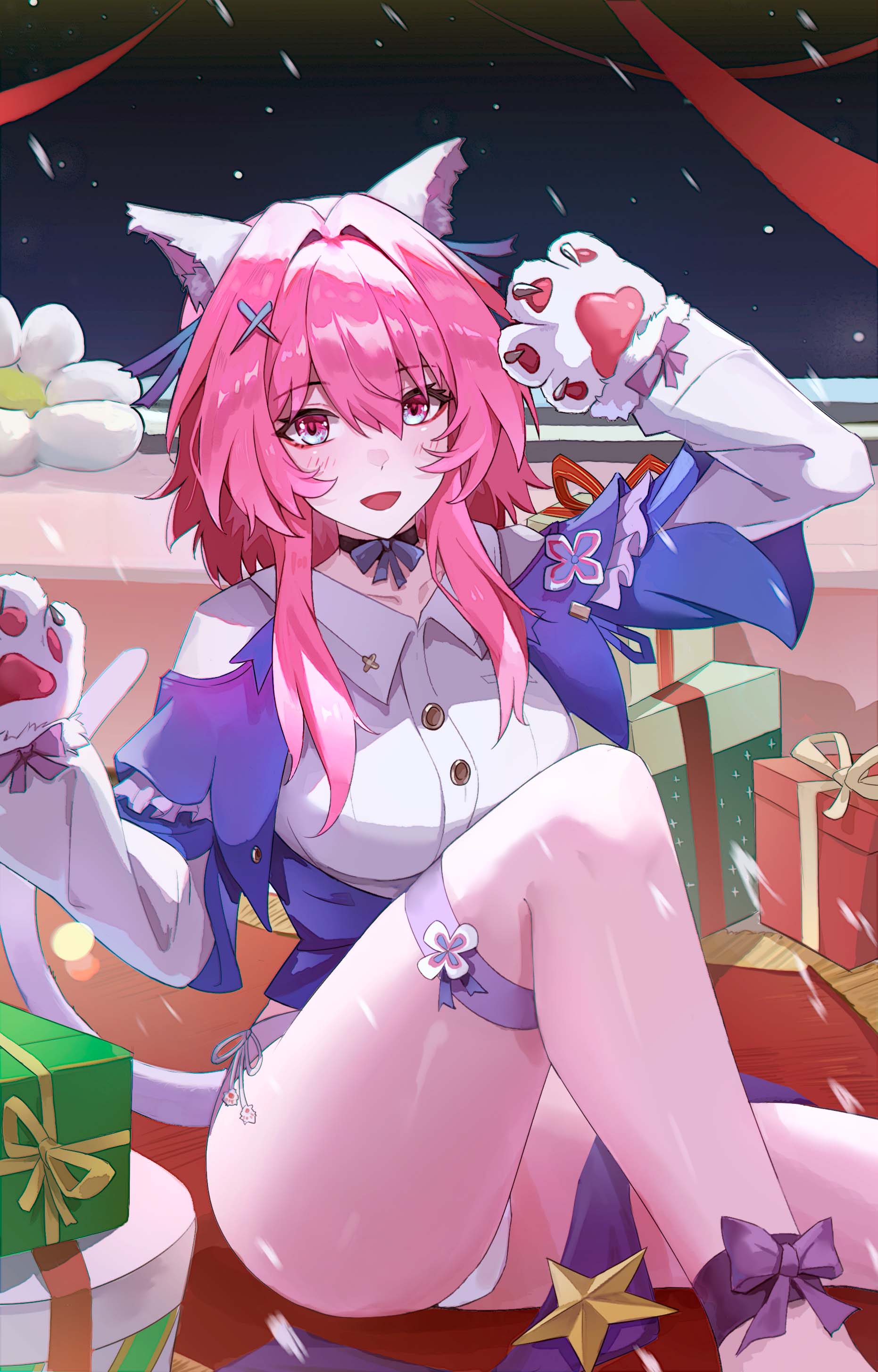 a-chuang, march 7th (honkai: star rail), march 7th (preservation) (honkai: star rail), honkai: star rail, honkai (series), absurdres, highres, 1girl, animal ears, animal hands, box, breasts, cat ears, christmas, christmas present, fake animal ears, gift, gift box, gloves, hair intakes, large breasts, looking at viewer, medium hair, multicolored eyes, night, panties, paw gloves, pink hair, shirt, sitting, snowing, solo, thigh strap, thighs, two-tone eyes, underwear, white panties, white shirt