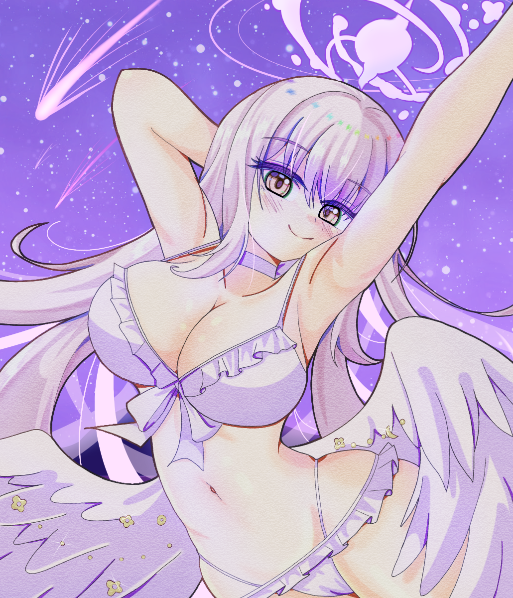 flukechan, mika (blue archive), mika (swimsuit) (blue archive), blue archive, commentary request, highres, 1girl, angel wings, armpits, arms up, bikini, breasts, cleavage, collarbone, frilled bikini, frills, halo, large breasts, long hair, looking at viewer, low wings, navel, official alternate costume, official alternate hairstyle, pink hair, pink halo, solo, stomach, swimsuit, white bikini, white wings, wings, yellow eyes