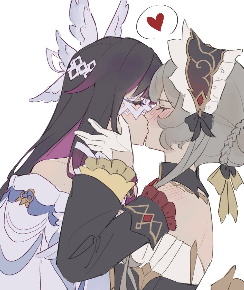 columbina (genshin impact), sandrone (genshin impact), genshin impact, commentary, english commentary, 2girls, black hair, blush, bonnet, braid, braided bun, detached sleeves, dress, gloves, grey hair, hair bun, hand on another's face, heart, kayveris, kiss, multiple girls, off-shoulder dress, off shoulder, purple dress, purple streaks, shoulder blush, simple background, spoken heart, white background, white dress, white gloves, yuri