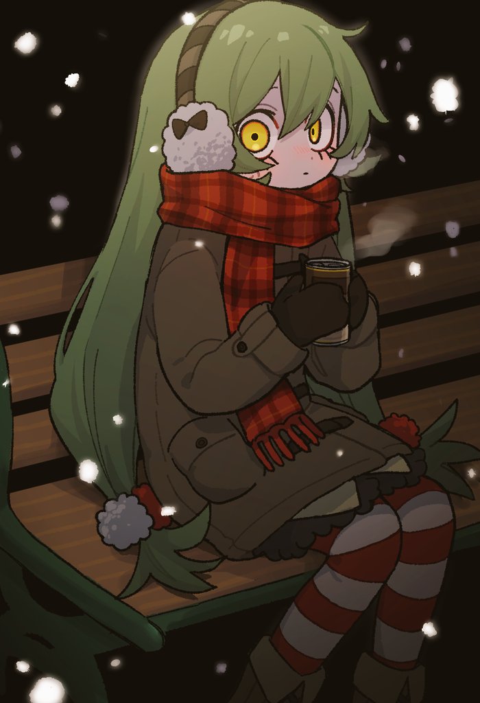 onigiri umasio, kufufu kekerakera, shy (series), 1girl, bench, blush, boots, breath, can, coat, cup, disposable cup, gloves, green hair, hair between eyes, hair ornament, holding, holding cup, long hair, long sleeves, scarf, sitting, skirt, solo, very long hair, yellow eyes
