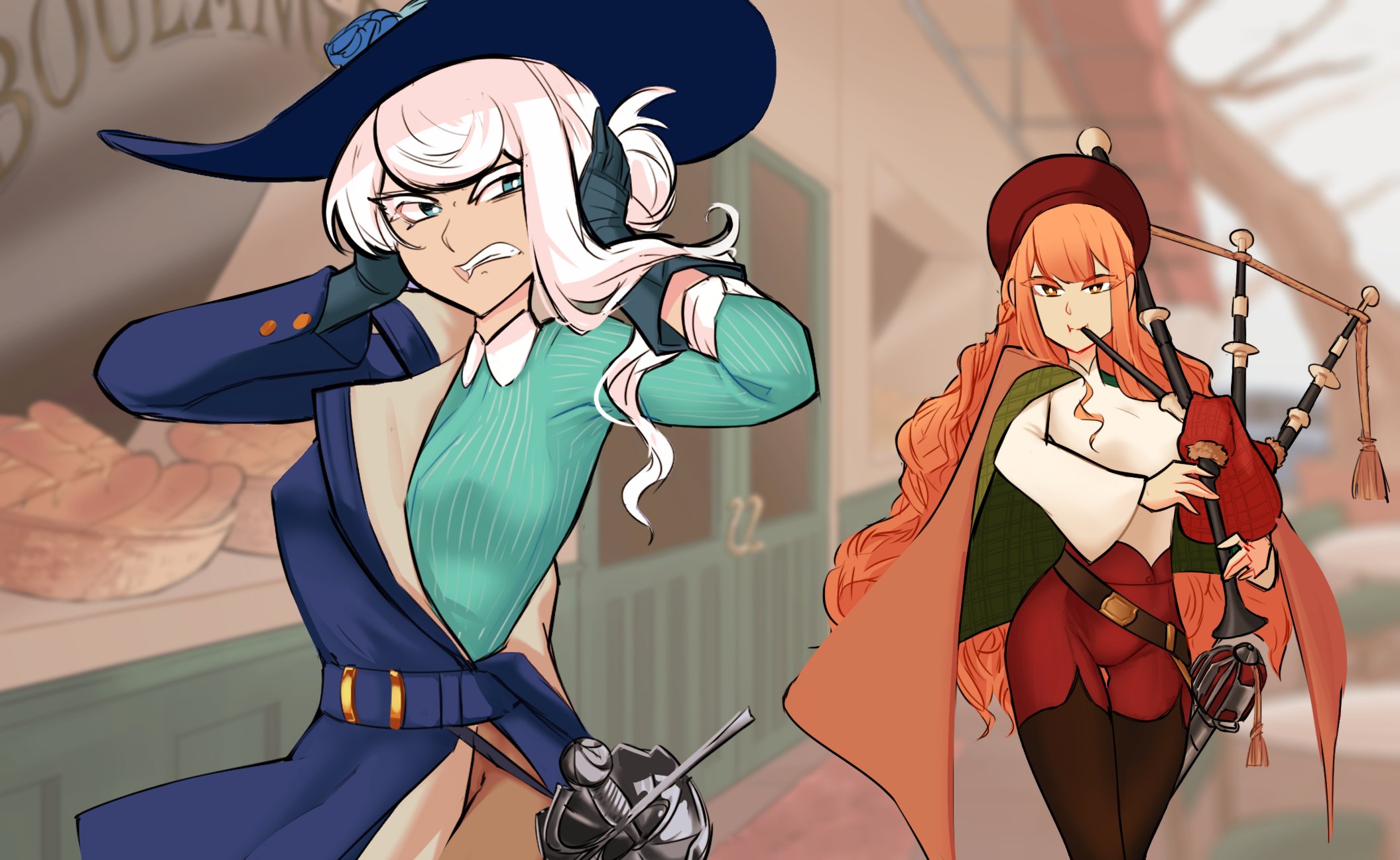 centurii-chan, rapier-chan (centurii-chan), original, commentary, english commentary, highres, 2girls, arm out of sleeve, bagpipes, baguette, basket hilt, belt, blue eyes, bread, clenched teeth, covering own ears, food, gloves, hat, instrument, multiple girls, music, orange eyes, orange hair, rapier, sheath, sword, teeth, weapon, white hair, window