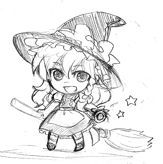 fuyumura asuki, kirisame marisa, touhou, graphite (medium), traditional media, 1girl, broom, chibi, female focus, full body, greyscale, hat, mini-hakkero, monochrome, sketch, solo, star (symbol), white background, witch, witch hat