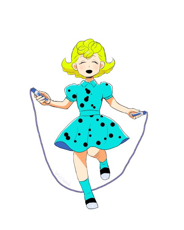thevigil, sally brown, peanuts (comic), 1girl, blonde hair, blue dress, dress, holding, holding jump rope, holding rope, jump rope, jumping, polka dot, polka dot dress, puffy short sleeves, puffy sleeves, rope, short hair, short sleeves, smile, solo