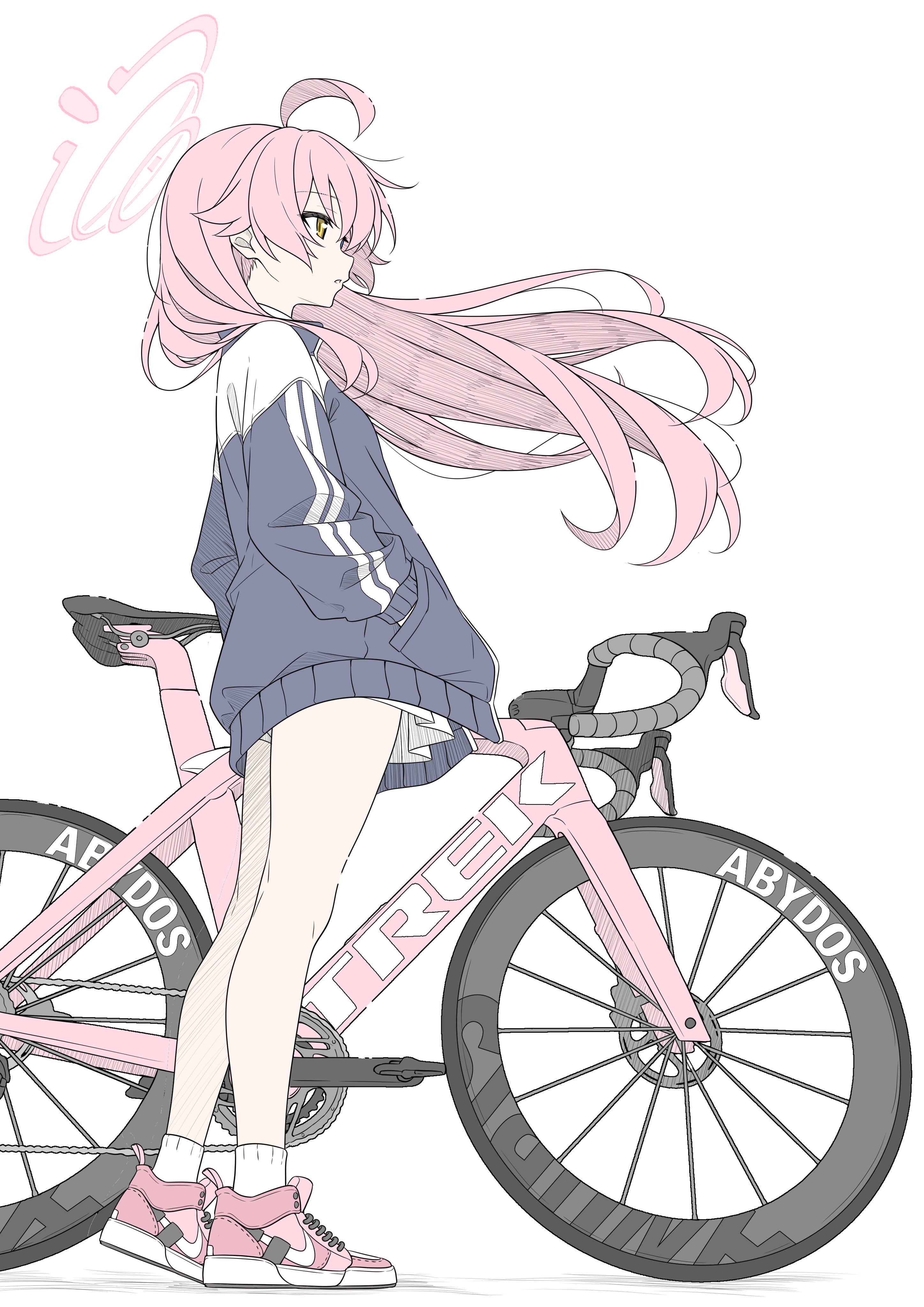 t1kosewad, hoshino (blue archive), blue archive, absurdres, highres, 1girl, ahoge, bicycle, full body, hair flowing over, halo, long hair, looking to the side, pink halo, pink shoes, pleated skirt, shoes, simple background, skirt, socks, solo, standing, track suit, white background, white skirt, yellow eyes
