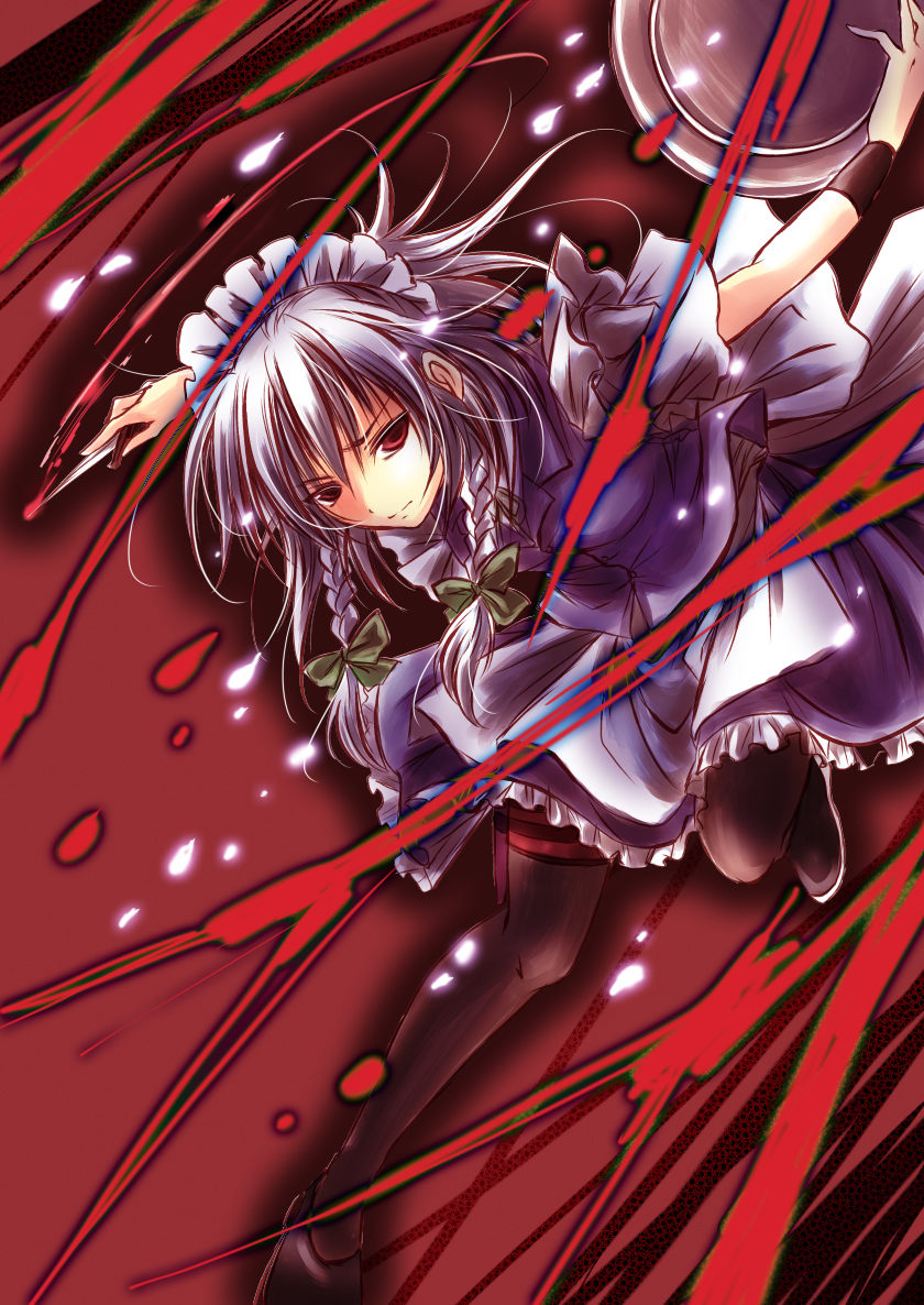amamorient, izayoi sakuya, touhou, silver hair, 1girl, braid, female focus, hairband, knife, maid, red eyes, short hair, solo, throwing knife, twin braids, weapon