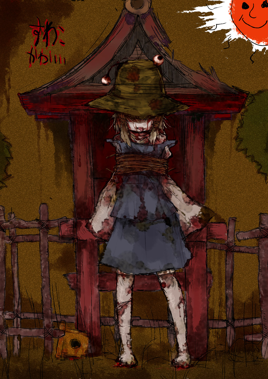 bee (deadflow), moriya suwako, touhou, bad id, bad pixiv id, highres, translated, 1girl, blonde hair, blood, blood on clothes, blood on face, bound, female focus, guro, hat, short hair, sketch, solo, thighhighs, tied up (nonsexual), torn clothes, torn thighhighs