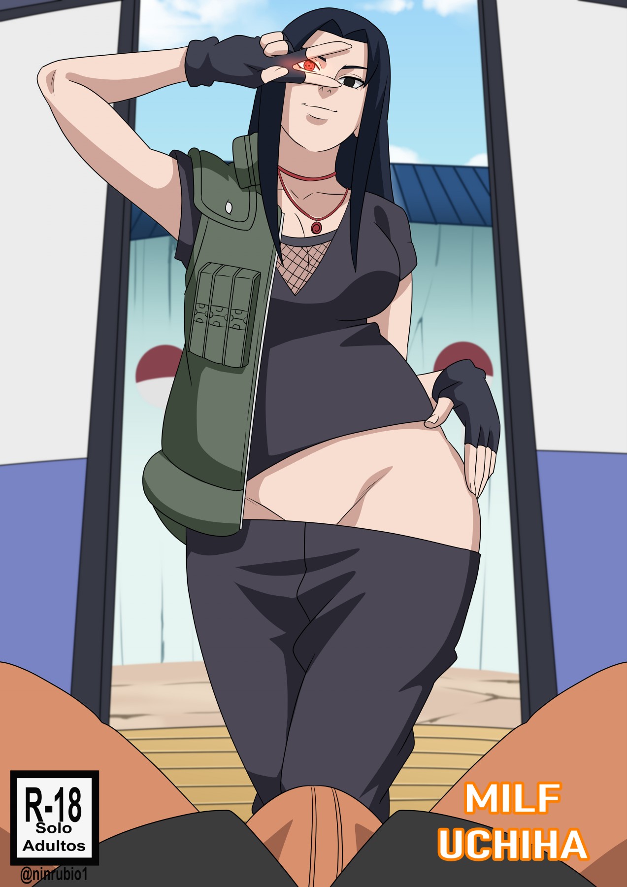 ninrubio, uchiha mikoto, uzumaki naruto, naruto (series), comic cover, highres, 1boy, 1girl, black gloves, black hair, black pants, black shirt, blue sky, breasts, clothes pull, day, english text, fingerless gloves, flak jacket, gloves, heterochromia, jacket, jewelry, large breasts, long hair, looking at viewer, necklace, pants, pants pull, pov, red eyes, sharingan, shirt, sky, solo focus, v, v over eye