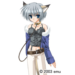 nekoneko, fuse (kin'youbi no koneko), kin'youbi no koneko, silver hair, game cg, lowres, 00s, 1girl, 2003, angry, animal ears, bare shoulders, belt, blue eyes, collar, corset, dog ears, dog tail, female focus, fuse, jacket, leash, pants, short hair, simple background, solo, standing, tail, text focus, watermark