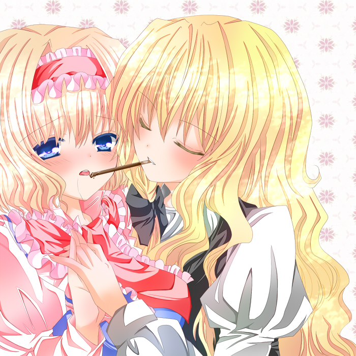 nanase nao, alice margatroid, kirisame marisa, touhou, bad id, bad pixiv id, 2girls, blonde hair, blue eyes, braid, female focus, food, hairband, long hair, multiple girls, pocky, pocky kiss, shared food, short hair, yuri