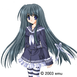 nekoneko, kiyomi hime, kin'youbi no koneko, game cg, lowres, 00s, 1girl, 2003, blue eyes, bow, buttons, female focus, green hair, jacket, long hair, pantyhose, pocket, ribbon, school uniform, serafuku, simple background, skirt, socks, solo, standing, striped clothes, striped pantyhose, text focus, watermark