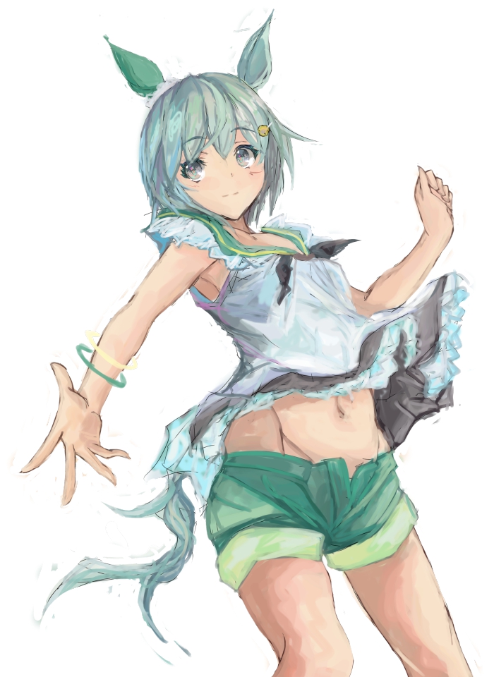 yanagi wakana, seiun sky (reeling in the big one) (umamusume), seiun sky (umamusume), umamusume, 1girl, animal ears, blue eyes, blush, breasts, closed mouth, dress, ear covers, flower, green sailor collar, green shorts, grey hair, hair between eyes, hair flower, hair ornament, hairclip, horse ears, horse girl, horse tail, looking at viewer, midriff, midriff peek, navel, sailor collar, short hair, shorts, simple background, single ear cover, small breasts, solo, sunflower, sunflower hair ornament, tail, white background, white dress