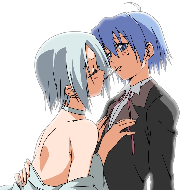 segawa haruna, ayasaki hayate, katsura yukiji, hayate no gotoku!, 00s, blue eyes, blue hair, choker, closed eyes, dress, food, formal clothes, gown, pocky, pocky kiss, shared food, short hair, suit