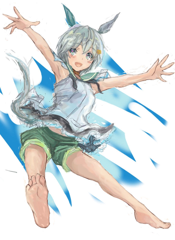 yanagi wakana, seiun sky (reeling in the big one) (umamusume), seiun sky (umamusume), umamusume, 1girl, animal ears, blue eyes, blush, breasts, choker, closed mouth, dress, ear covers, flower, green sailor collar, green shorts, grey hair, hair between eyes, hair flower, hair ornament, hairclip, horse ears, horse girl, horse tail, looking at viewer, sailor collar, short hair, shorts, simple background, single ear cover, small breasts, smile, solo, sunflower, sunflower hair ornament, tail, white background, white dress, yellow choker