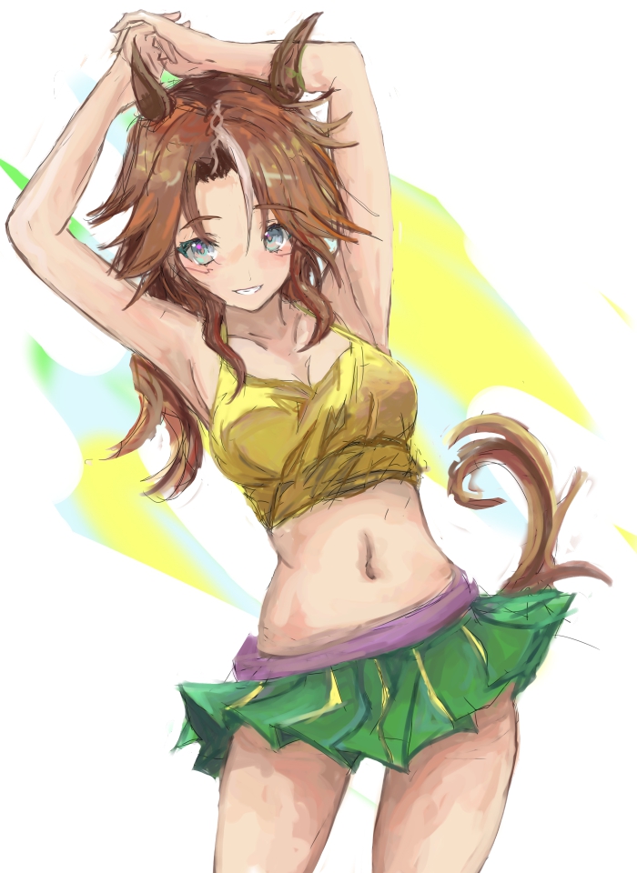 yanagi wakana, mejiro palmer (line breakthrough) (umamusume), mejiro palmer (umamusume), umamusume, 1girl, animal ears, armpits, arms up, bare shoulders, belt, blue eyes, blush, breasts, brown hair, cleavage, collarbone, crop top, cropped shirt, green skirt, hair between eyes, horse ears, horse girl, horse tail, interlocked fingers, long hair, looking at viewer, medium breasts, midriff, multicolored hair, navel, parted lips, pink belt, shirt, skirt, sleeveless, sleeveless shirt, smile, stomach, streaked hair, tail, white hair, yellow shirt