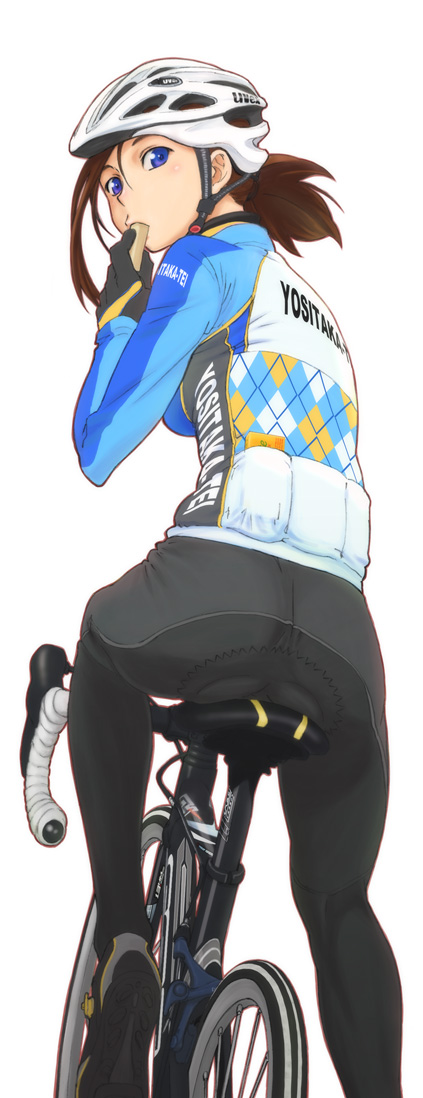 pandaun, caloriemate, long image, tall image, 1girl, ass, bicycle, blue eyes, brown hair, cyclist, eating, female focus, gloves, helmet, looking back, solo