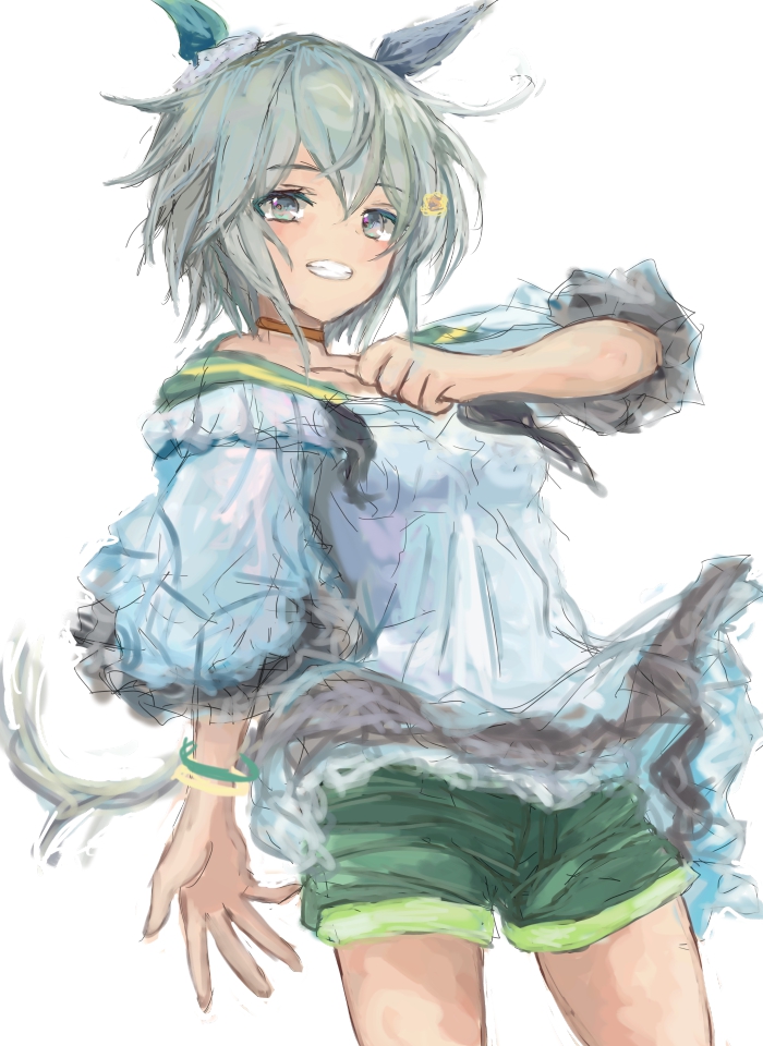 yanagi wakana, seiun sky (reeling in the big one) (umamusume), seiun sky (umamusume), umamusume, 1girl, animal ears, blue eyes, blush, bracelet, breasts, choker, dress, ear covers, flower, green sailor collar, green shorts, grey hair, hair between eyes, hair flower, hair ornament, hairclip, horse ears, horse girl, horse tail, jewelry, long sleeves, looking at viewer, open mouth, sailor collar, short hair, shorts, simple background, single ear cover, small breasts, solo, sunflower, sunflower hair ornament, tail, teeth, white background, white dress, yellow choker