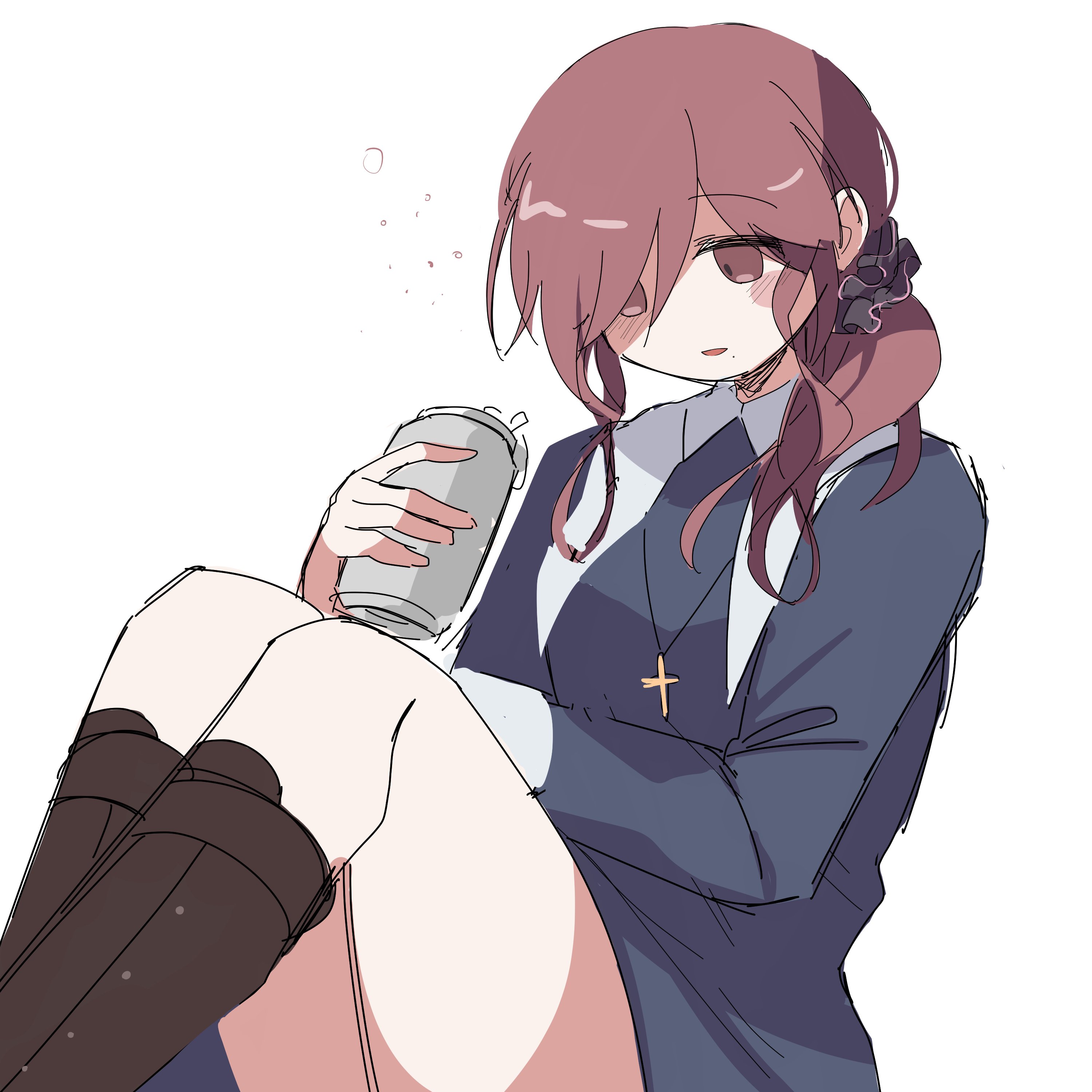rnqntm, noel (tsukihime), tsukihime, tsukihime (remake), absurdres, highres, 1girl, alcohol, beer, beer can, blush stickers, boots, brown boots, brown eyes, brown hair, can, cross, cross necklace, drink can, drunk, hair ornament, hair over one eye, hair scrunchie, happy birthday, holding, holding can, jewelry, necklace, nun, scrunchie, side ponytail, sidelocks, sitting, tunic, wing collar
