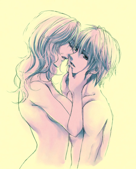 couple, long hair, monochrome, nude, short hair