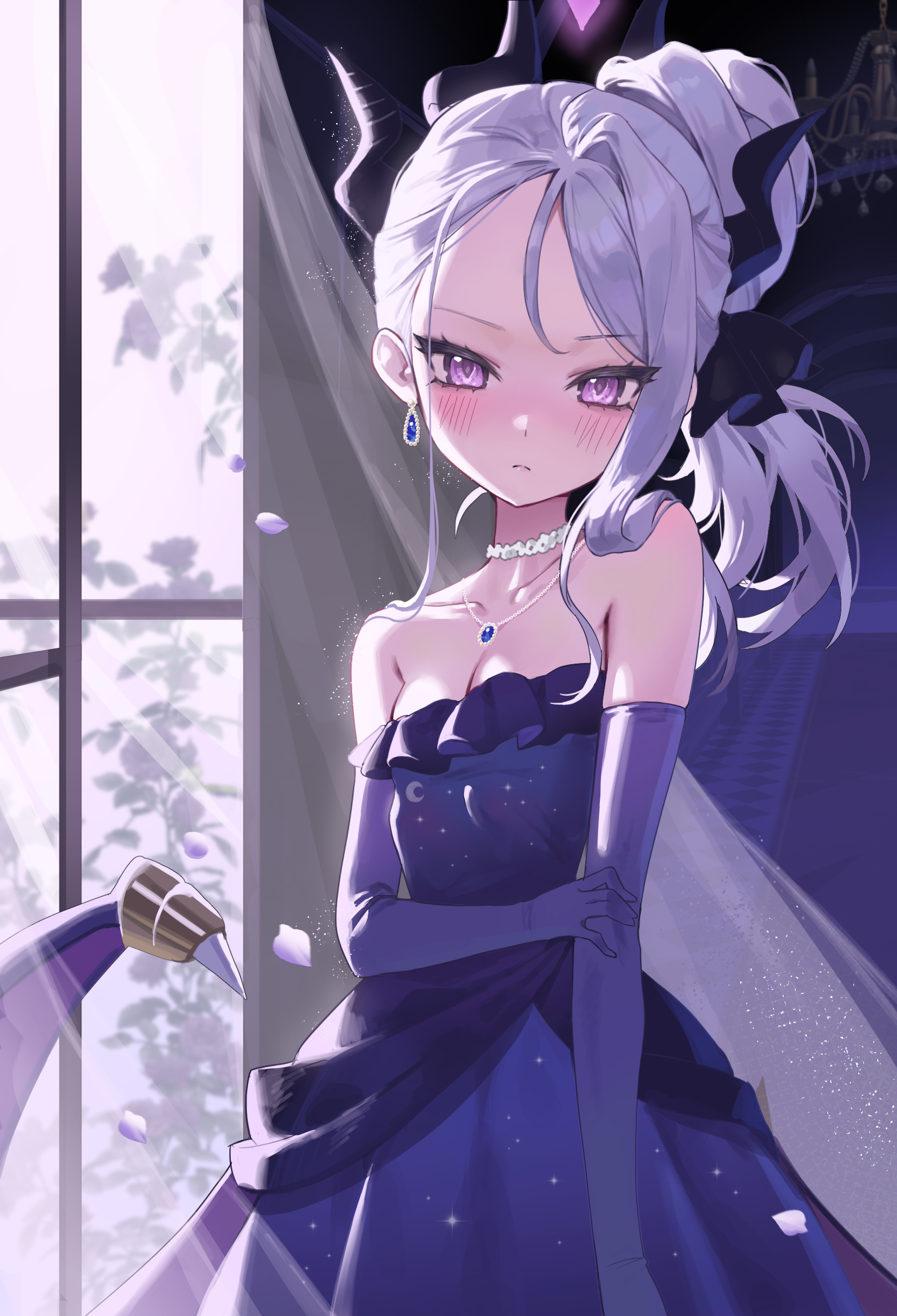 hina (blue archive), hina (dress) (blue archive), blue archive, absurdres, commentary request, highres, 1girl, bare shoulders, blush, breasts, cleavage, closed mouth, collarbone, davo221020, demon girl, demon horns, demon wings, dress, earrings, elbow gloves, gloves, hand on own arm, horns, indoors, jewelry, long hair, looking at viewer, medium breasts, necklace, official alternate costume, official alternate hairstyle, pink eyes, purple dress, purple gloves, solo, strapless, strapless dress, white hair, wings