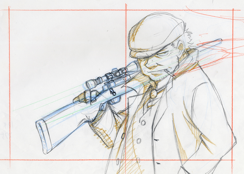 komo sama, komori takahiro, huang (darker than black), darker than black, official art, 00s, 1boy, beard stubble, bolt action, cigarette, coat, color trace, facial hair, gun, hat, male focus, monochrome, necktie, production art, remington model 700, rifle, scope, sketch, smoking, sniper rifle, solo, stubble, trench coat, vest, waistcoat, weapon