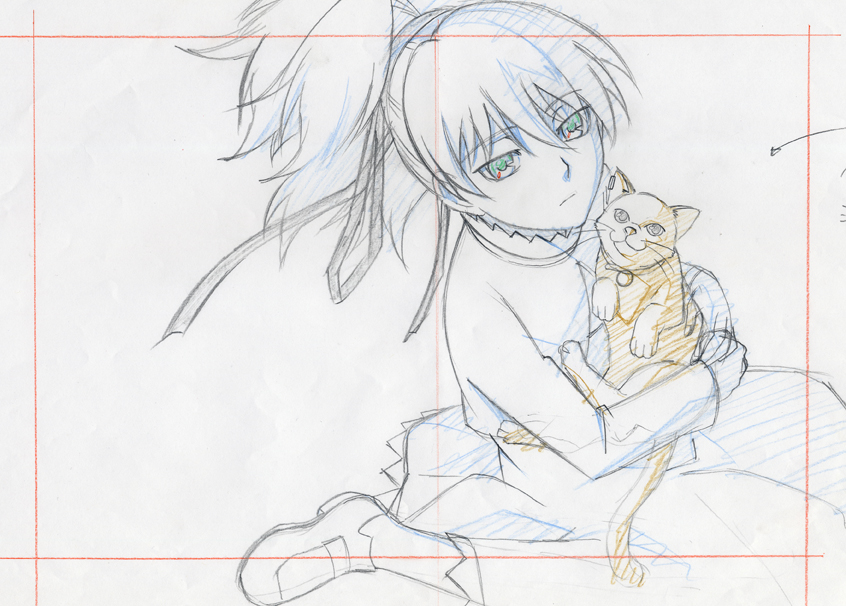 komo sama, komori takahiro, mao (darker than black), yin (darker than black), darker than black, official art, 00s, 1girl, cat, color trace, monochrome, production art, sketch