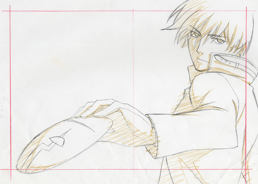 komo sama, komori takahiro, hei (darker than black), darker than black, official art, 00s, 1boy, color trace, male focus, mask, monochrome, production art, sketch, solo