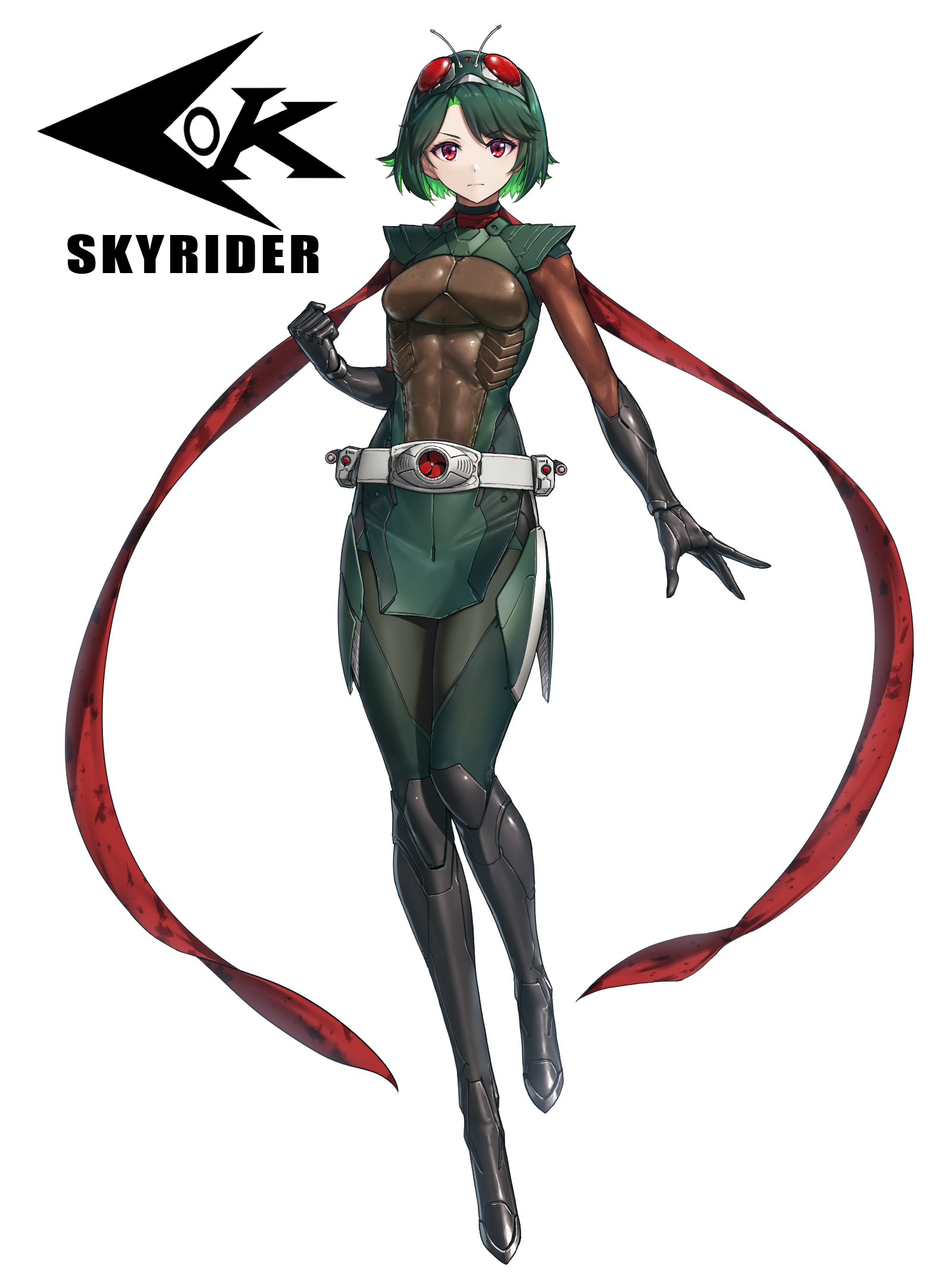 eidenjyou1997, rider-tan, skyrider, kamen rider, neo kamen rider, commentary request, highres, 1girl, antennae, armor, belt, black boots, black gloves, bodysuit, boots, brown armor, character name, clenched hand, closed mouth, colored inner hair, emblem, full body, genderswap, genderswap (mtf), gloves, green armor, green hair, long scarf, looking at viewer, medium hair, multicolored hair, open hand, red eyes, red scarf, rider belt, scarf, serious, simple background, solo, thigh boots, tornado (kamen rider), white background, white belt