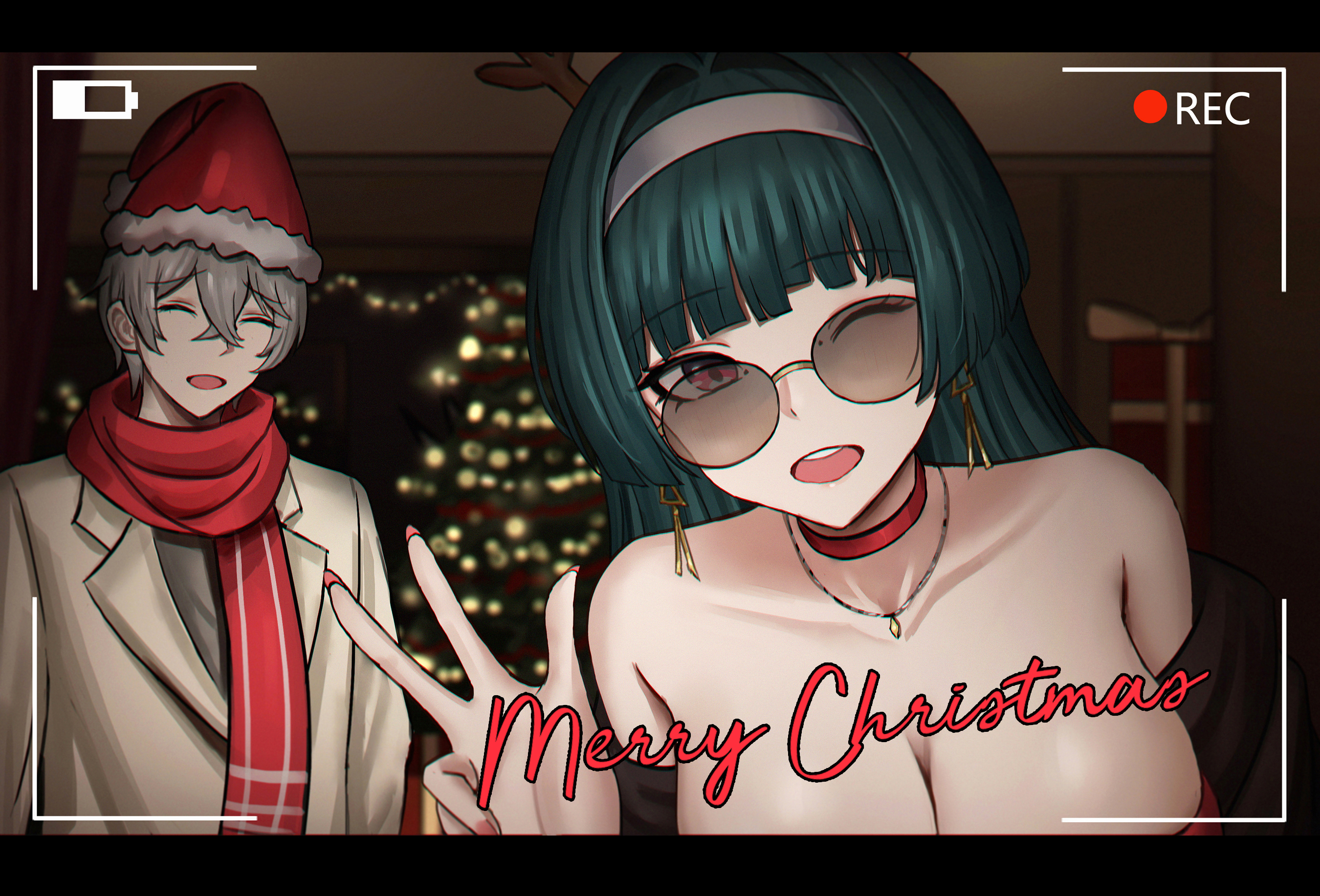 selcky, astra yao, wise (zenless zone zero), zenless zone zero, commentary request, highres, paid reward available, 1boy, 1girl, blunt bangs, breasts, christmas, cleavage, glasses, green hair, hat, indoors, long hair, looking at viewer, merry christmas, one eye closed, open mouth, red eyes, santa hat, smile, v