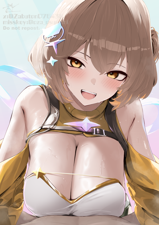 oza osuwari, anis (nikke), goddess of victory: nikke, 1boy, 1girl, bandeau, bare shoulders, blush, breasts, brown eyes, brown hair, cat hair ornament, cleavage, clothing cutout, gold trim, hair ornament, handsfree paizuri, hetero, large breasts, long sleeves, looking at viewer, one side up, open mouth, paizuri, short hair, shoulder cutout, shrug (clothing), smile, white bandeau, yellow shrug