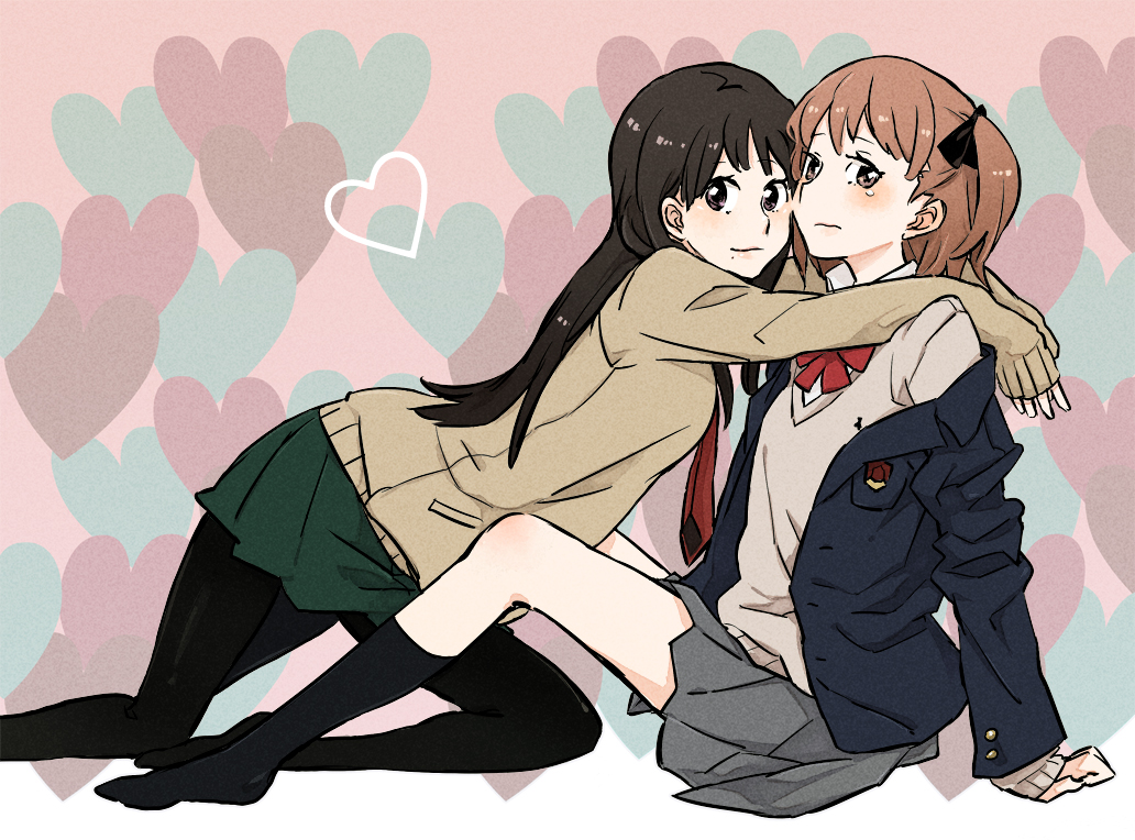 pe88y (yu tsugirls), original, 2girls, blazer, brown eyes, brown hair, hair ribbon, heart, hug, jacket, kneehighs, long hair, long sleeves, multiple girls, necktie, pantyhose, ribbon, school uniform, short hair, skirt, sleeves past wrists, socks, sweater, tears, yuri