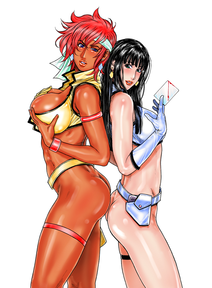kazuki kotobuki, kei (dirty pair), yuri (dirty pair), dirty pair, 1980s (style), ass, ass-to-ass, black hair, blood, bottomless, breasts, gloves, large breasts, long hair, no panties, red hair, retro artstyle