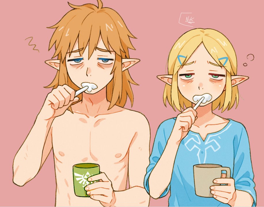 link, princess zelda, nintendo, the legend of zelda, the legend of zelda: breath of the wild, the legend of zelda: tears of the kingdom, 1boy, 1girl, bags under eyes, blonde hair, blue eyes, blue shirt, brushing teeth, cup, green eyes, hair ornament, hairclip, half-closed eyes, holding, holding cup, lylatspace, medium hair, pink background, pointy ears, shirt, short hair, sidelocks, topless male, upper body
