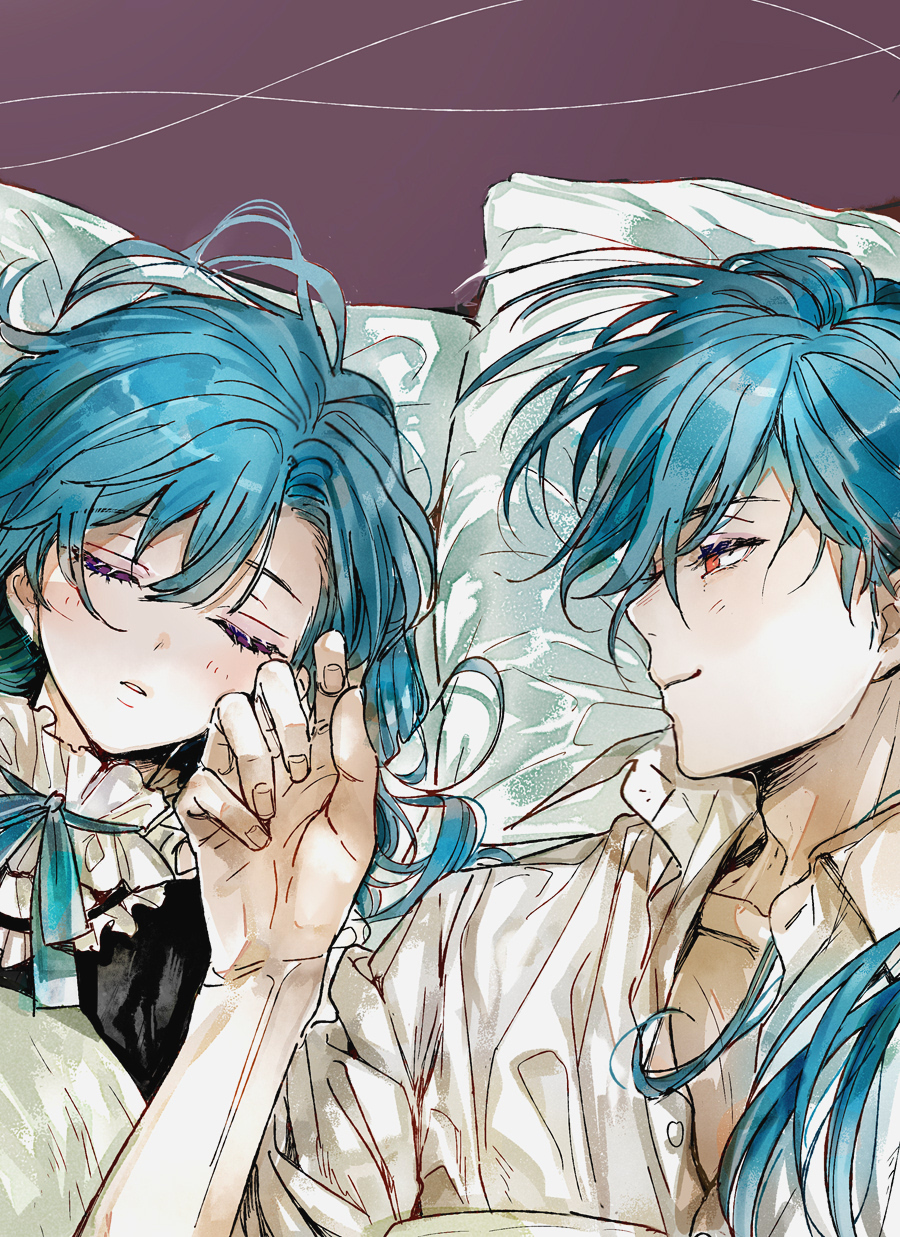 akuma shitsuji to kuroi neko, commentary, highres, symbol-only commentary, 1boy, 1girl, aqua hair, asymmetrical bangs, bib collar, black shirt, blue ribbon, blush, brother and sister, closed mouth, collar, collarbone, collared shirt, frilled collar, frills, hair between eyes, haures clifford, light blush, long hair, looking at another, looking to the side, lying, neck ribbon, nonoko (meg36544), on back, on bed, open collar, pale skin, parted bangs, parted lips, partially unbuttoned, pillow, ponytail, red eyes, ribbon, shirt, short sleeves, siblings, sleeping, smile, tricia clifford, under covers, upper body, white collar, white shirt