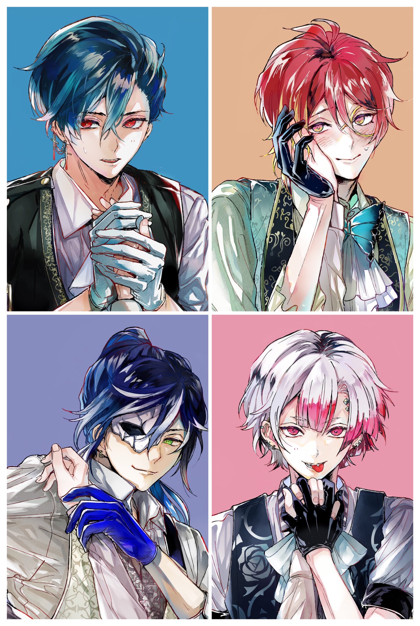 akuma shitsuji to kuroi neko, commentary request, highres, 1girl, 4boys, :>, ahoge, ammon lead, aqua hair, ascot, asymmetrical bangs, barbell piercing, black gloves, black vest, blonde hair, blue background, blue bow, blue bowtie, blue gloves, blue hair, blue vest, blunt bangs, blush, border, boschi arenas, bow, bowtie, buttons, center-flap bangs, closed mouth, collage, collared shirt, contrast lapels, cracked mask, cross, cross earrings, double-parted bangs, ear chain, ear piercing, earrings, empty eyes, fang, female pov, fennesz oswald, gloves, green eyes, guided hand on cheek, guiding hand, hair between eyes, half mask, hand grab, hand on another's hand, haures clifford, head tilt, high ponytail, holding another's wrist, holding hands, hoop earrings, interlocked fingers, jewelry, lapels, light blush, linked piercing, long hair, long sleeves, looking at viewer, loosely tucked bangs, male focus, mask, monocle, multicolored eyes, multicolored hair, multiple boys, multiple piercings, nonoko (meg36544), open collar, orange background, pale skin, parted bangs, piercing, pink eyes, pink hair, ponytail, pov, pov hands, print vest, red eyes, red hair, red pupils, sanpaku, shawl lapels, shirt, short eyebrows, short hair, short sleeves, sidelocks, single earring, smirk, sweatdrop, three-quarter sleeves, tongue, tongue out, tongue piercing, two-tone eyes, two-tone hair, upper body, vest, waistcoat, white ascot, white border, white bow, white bowtie, white gloves, white hair, white shirt, white streaks, wing collar, yellow eyes