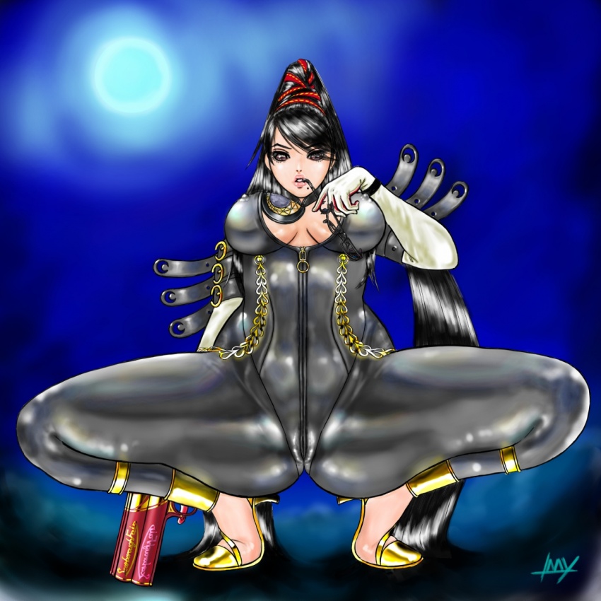 bayonetta, bayonetta (series), bayonetta 1, black eyes, black hair, bodysuit, breasts, cameltoe, glasses, gloves, high heels, large breasts, long hair, mole, nipples, shoes, skin tight, spread legs, squatting, very long hair