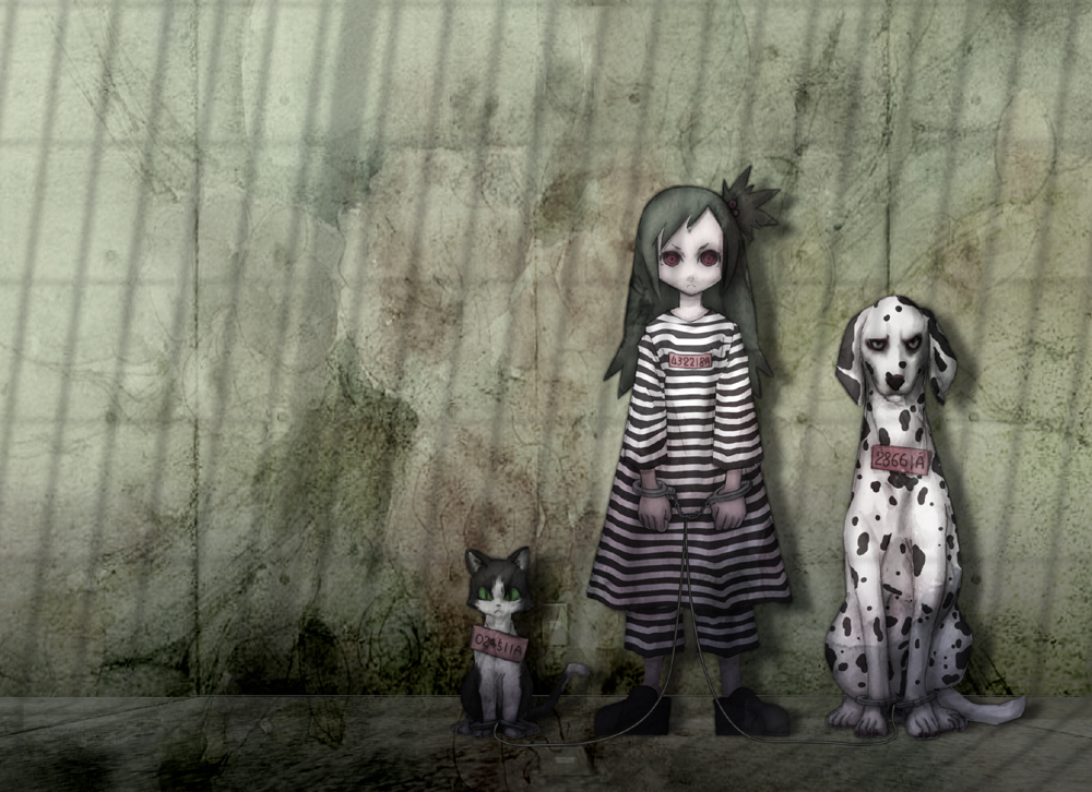 arawi yoshihiko, original, striped, md5 mismatch, 1girl, black hair, cat, cuffs, dalmatian, dog, female focus, hair bobbles, hair ornament, handcuffs, long hair, red eyes, side ponytail, sign, solo