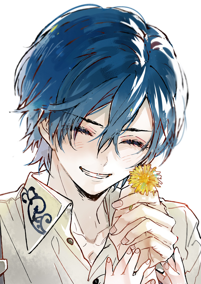 akuma shitsuji to kuroi neko, 1boy, 1girl, ^ ^, aged down, blue hair, blush, closed eyes, collarbone, dandelion, double-parted bangs, flower, grin, hair between eyes, happy, haures clifford, head tilt, holding, holding flower, male focus, nonoko (meg36544), pale skin, shirt, smile, solo focus, suspenders, tricia clifford, upper body, white background, white shirt, wing collar, yellow flower