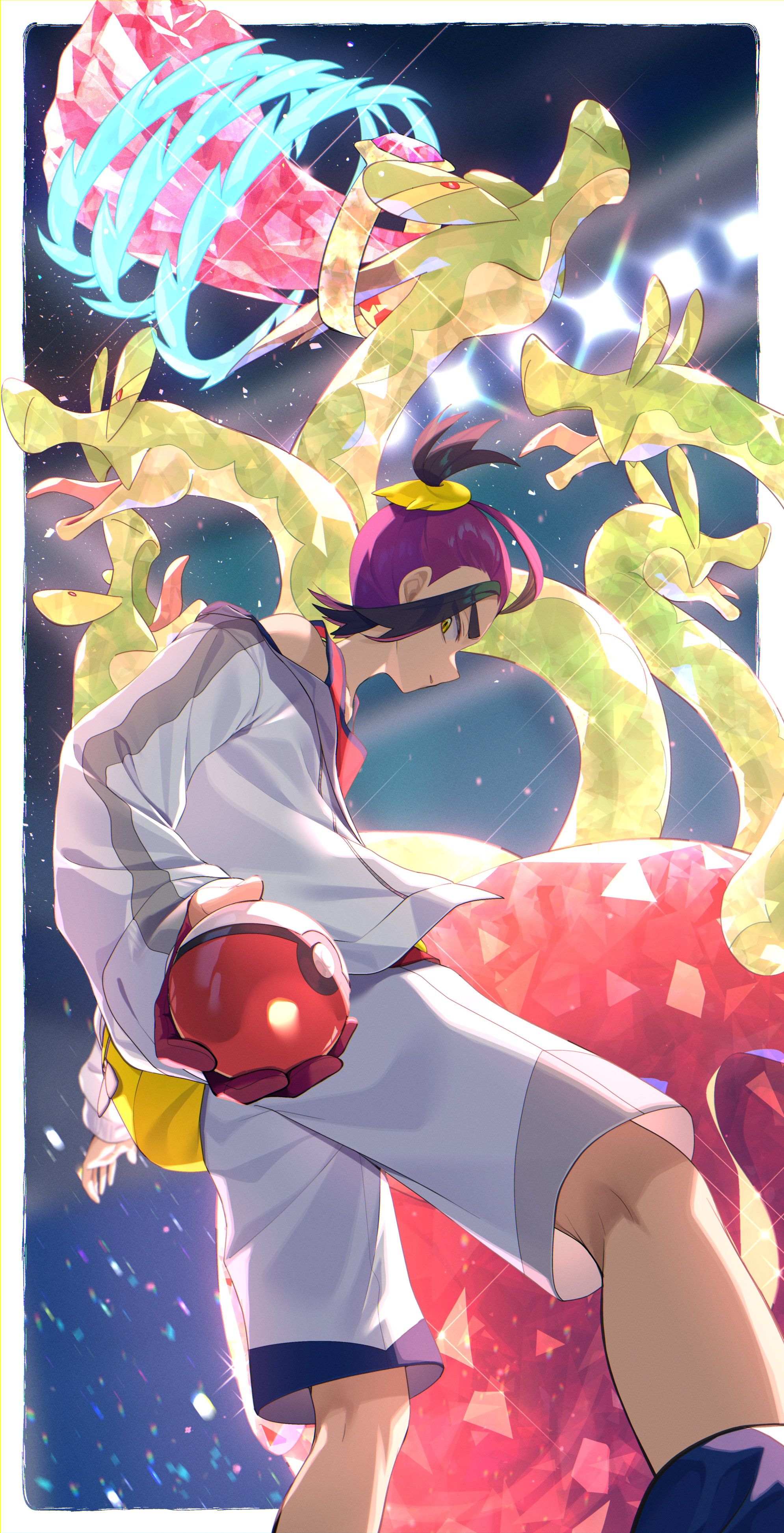 yupiteru, hydrapple, kieran (pokemon), nintendo, pokemon, pokemon sv, absurdres, commentary request, highres, 1boy, black hair, colored sclera, gloves, holding, holding poke ball, jacket, looking at viewer, male focus, multicolored hair, open mouth, parted lips, poke ball, poke ball (basic), pokemon (creature), purple hair, red eyes, red tank top, shorts, single glove, stadium lights, tank top, terastallization, tongue, white jacket, white shorts, yellow bag, yellow eyes, yellow sclera