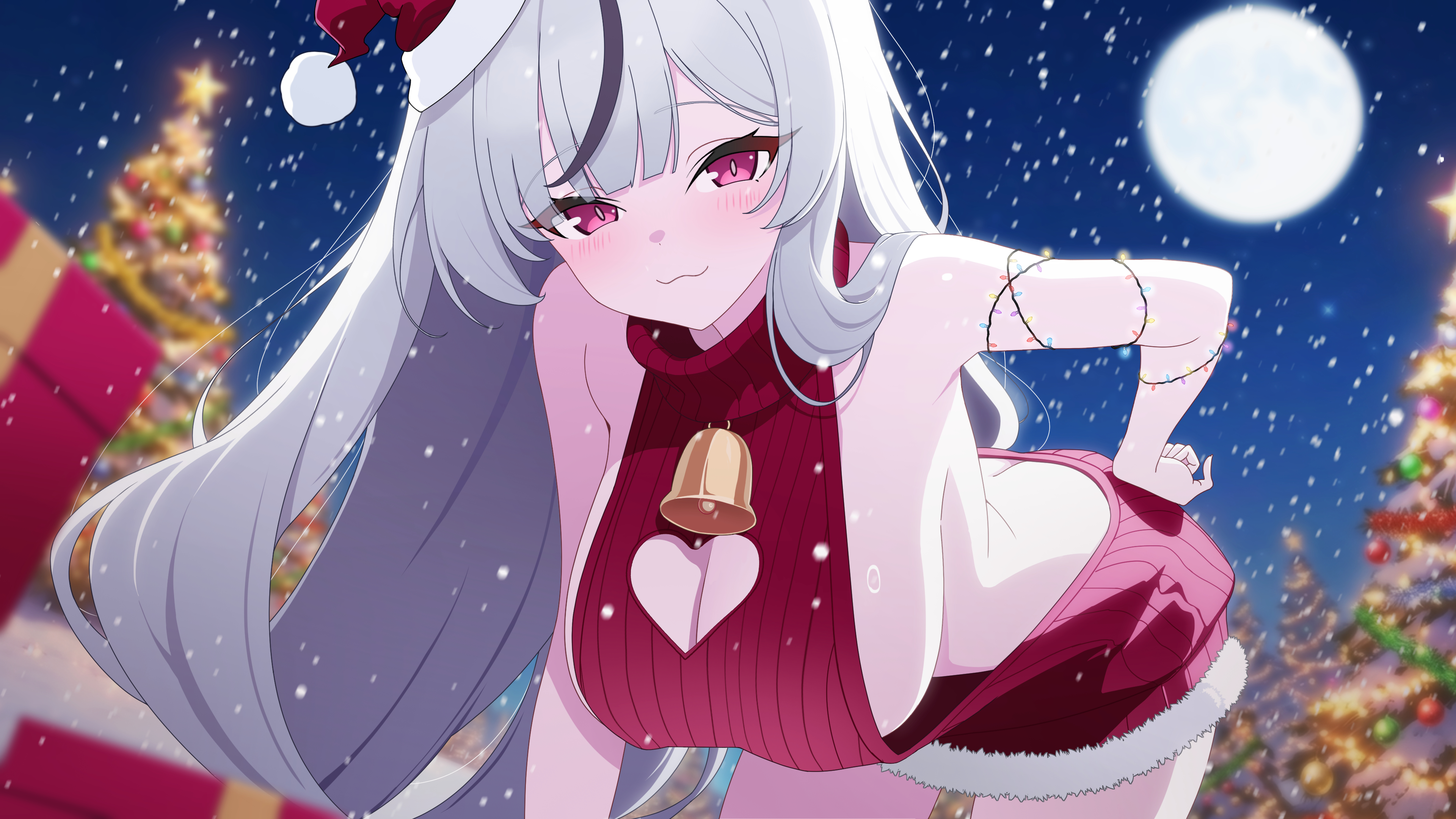 schwarz rubin, indie virtual youtuber, absurdres, character request, commentary, commission, highres, 1girl, :3, armpits, bare shoulders, bell, bent over, box, breasts, christmas, christmas lights, christmas tree, cleavage, cleavage cutout, closed mouth, clothing cutout, cowboy shot, dress, full moon, fur trim, gift, gift box, hand on own hip, hat, heart cutout, large breasts, long hair, looking at viewer, moon, multicolored hair, night, no bra, red eyes, red hat, red sweater, ribbed sweater, santa hat, sideboob, sleeveless, sleeveless dress, sleeveless turtleneck, smile, snowing, solo, standing, streaked hair, sweater, sweater dress, turtleneck, very long hair, virgin killer sweater, virtual youtuber, white hair