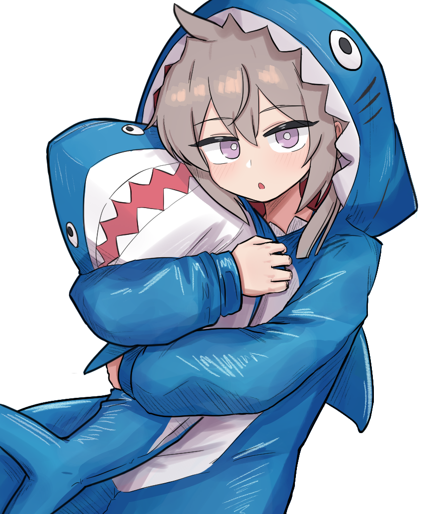 m200 (girls' frontline), girls' frontline, girls' frontline 2: exilium, 1girl, :o, animal costume, animal hood, blush, brown hair, cheyanne (girls' frontline 2), chopingme, curious, hair between eyes, holding, holding stuffed toy, hood, hood up, medium hair, purple eyes, shark costume, shark hood, solo, stuffed animal, stuffed shark, stuffed toy